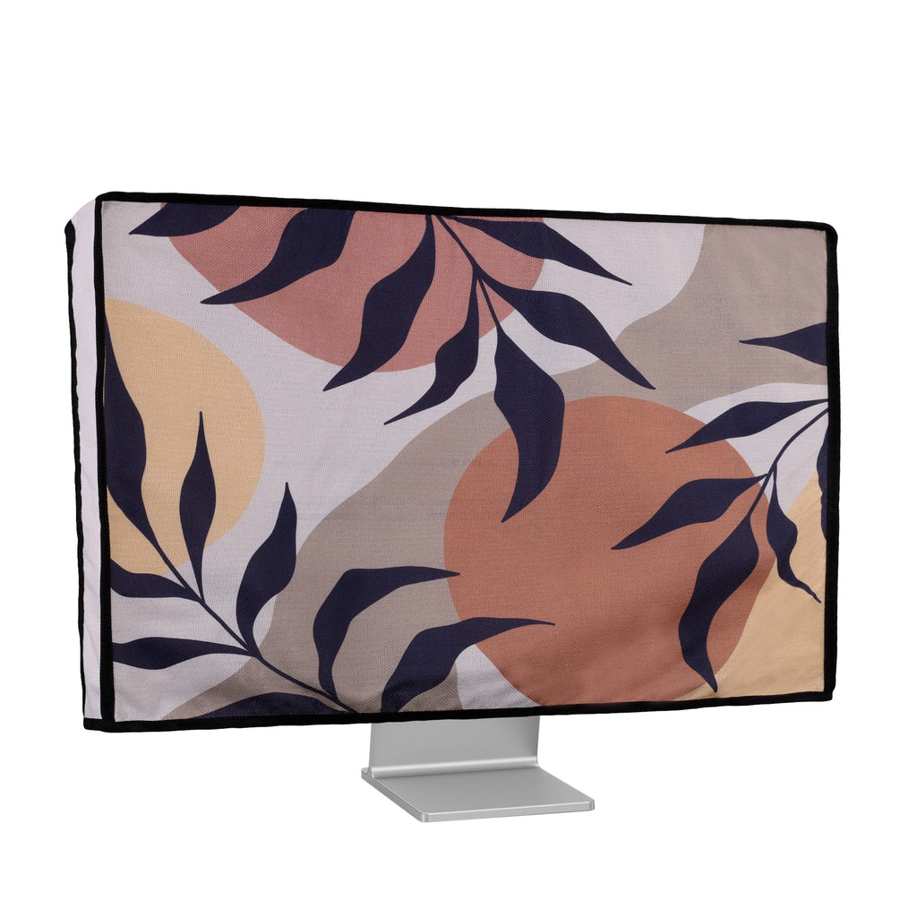  [AUSTRALIA] - kwmobile Dust Cover for 27-28" monitor - Linen Monitor Protector with Design - Leaves and Pattern Black / Brown / White