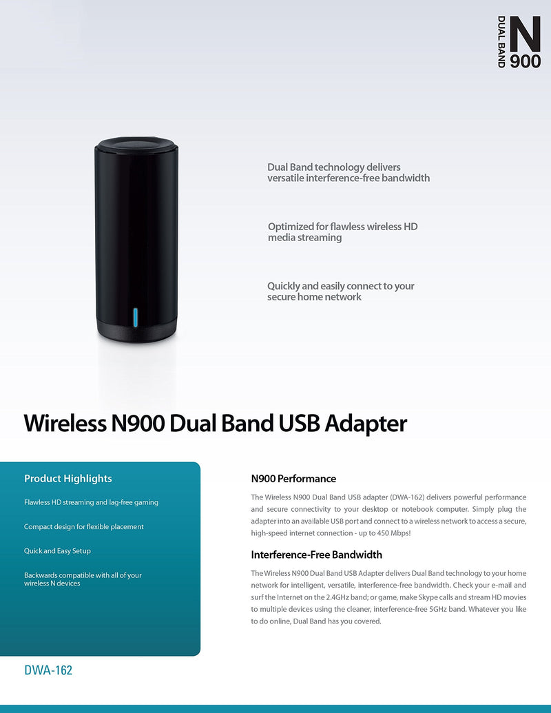  [AUSTRALIA] - D-Link Wireless Dual Band N-900 Mbps USB Wi-Fi Network Adapter (DWA-162)