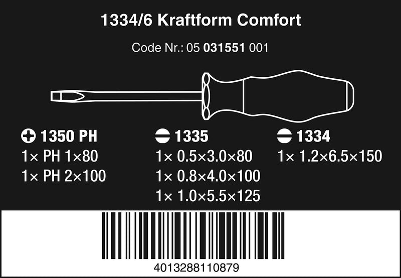  [AUSTRALIA] - Wera 05031551001 Kraftform Comfort 1334/6 Screwdriver Set, 6-Piece Slotted: 6.5x150mm, 3x80mm, 4x100mm, 5.5x125. Phillips: PH1x80, PH2x100
