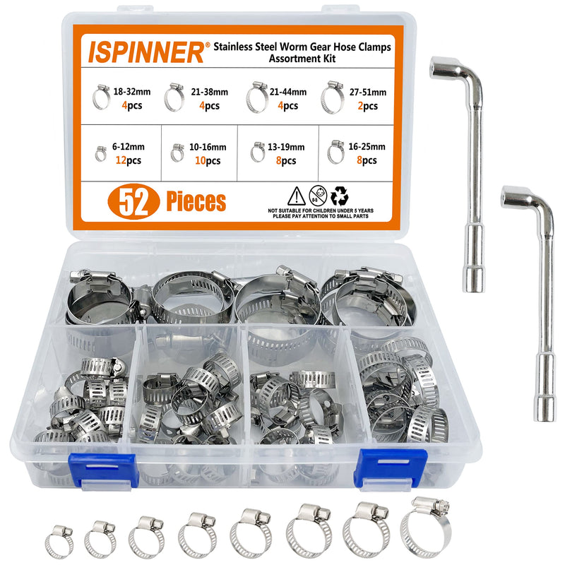  [AUSTRALIA] - ISPINNER Hose Clamps, 52pcs 6-51mm Stainless Steel Worm Gear Pipe Clamps Assortment Kit with 2pcs Socket Wrench for Plumbing, Automotive and Mechanical Application