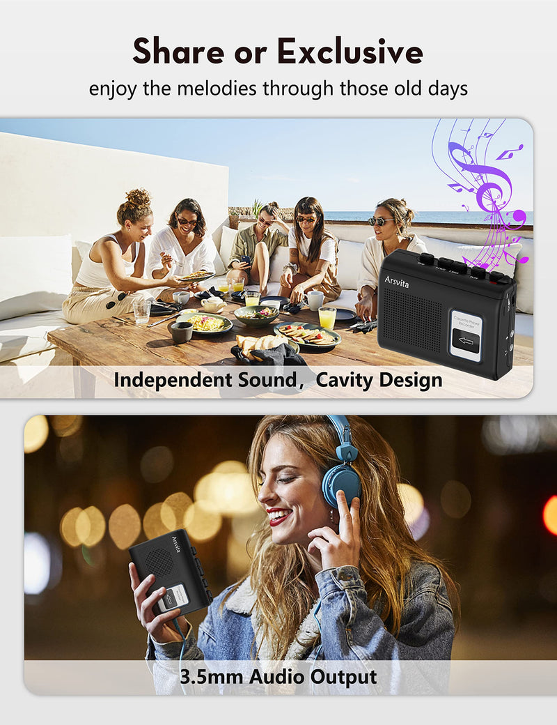  [AUSTRALIA] - Arsvita Walkman Cassette Player, Portable Tape Recorder, Build-in Speaker and Microphone,Black Black