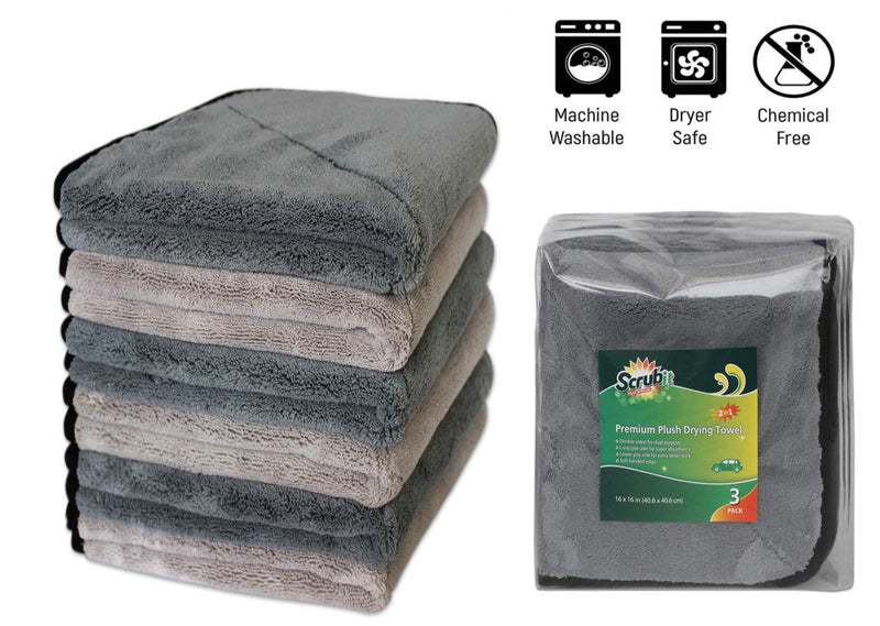  [AUSTRALIA] - SCRUBIT 3 Pack Microfiber Cleaning Towels for Cars by Scrub it- Super Absorbent Plush Towel Quick car Drying, Non-Scratch, Double Layer wash Cloth to Clean and Shine Your Vehicle