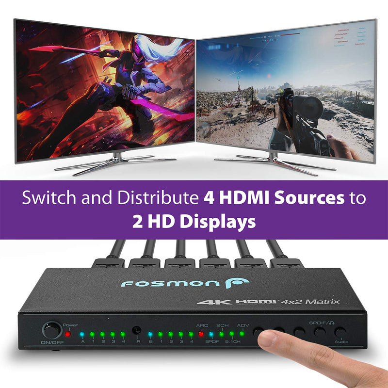  [AUSTRALIA] - Fosmon 4x2 HDMI Matrix Switch, 4 in 2 Out Matrix HDMI Switcher Splitter + SPDIF Optical or 3.5mm Headphone Port Audio Output, Support Ultra HD 4K, Full HD 1080P, 3D, ARC, 4Kx2K with IR Remote Control