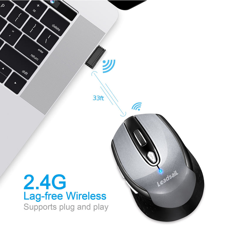  [AUSTRALIA] - LeadsaiL Wireless Computer Mouse, 2.4G Portable Slim Cordless Mouse Less Noise for Laptop Optical Mouse with 6 Buttons, AA Battery Used, USB Mouse for Laptop, Deskbtop, MacBook (Grey) classic grey