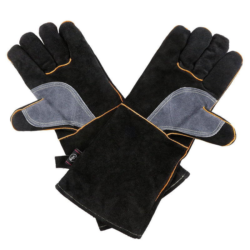  [AUSTRALIA] - KIM YUAN Extreme Heat & Fire Resistant Gloves Leather with Kevlar Stitching,Mitts Perfect for Fireplace, Stove, Oven, Grill, Welding, BBQ, Mig, Pot Holder, Animal Handling 14black