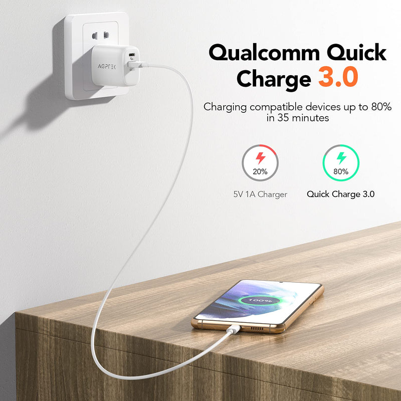  [AUSTRALIA] - USB C Wall Charger 20W, AGPTEK Dual Port PD Power Delivery + Quick Charge 3.0 Fast Charger Block Plug for iPhone 12/11 /Pro Max, XS/XR/X, 8/7/6, iPad Pro, AirPods Pro, Samsung Galaxy, Pixel (White)