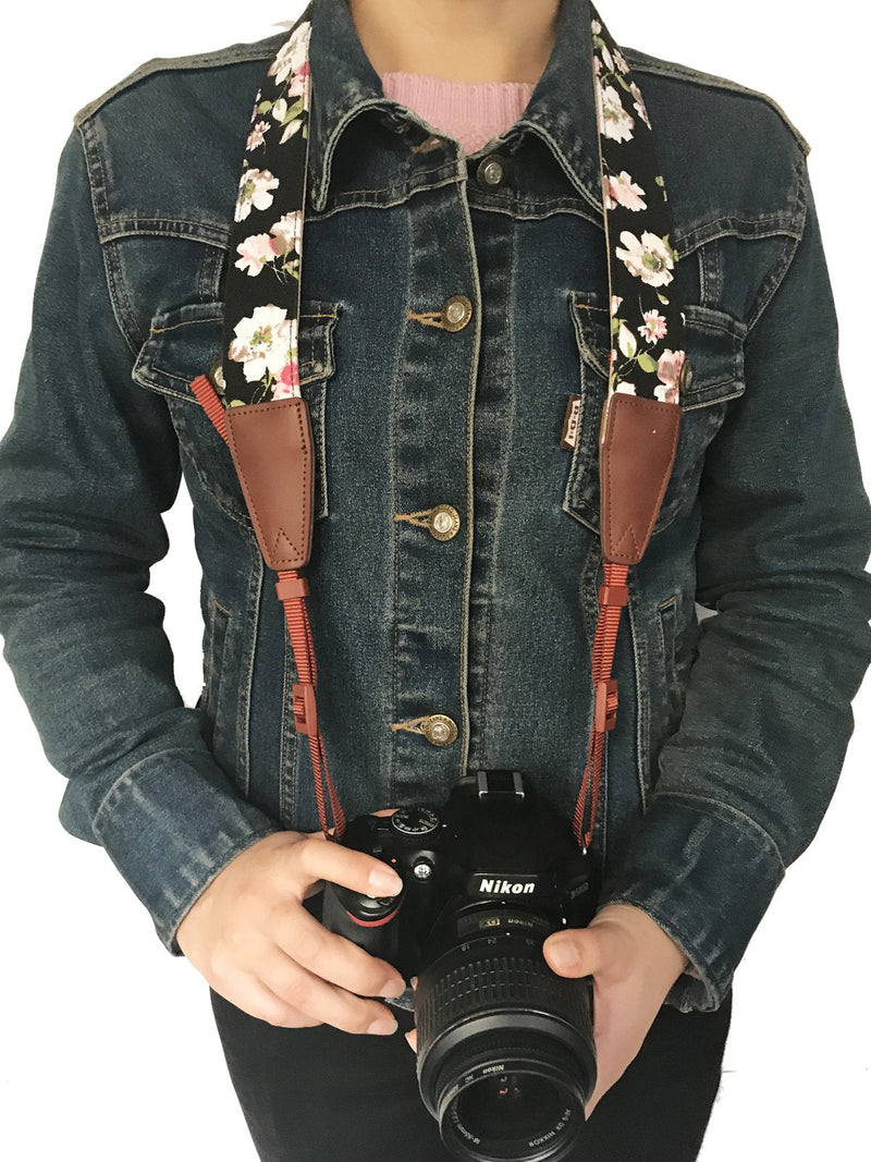  [AUSTRALIA] - Camera Strap Neck, Adjustable Vintage Floral Camera Straps Shoulder Belt for Women /Men,Camera Strap for Nikon / Canon / Sony / Olympus / Samsung / Pentax ETC DSLR / SLR Leather Black Print Pink Flower