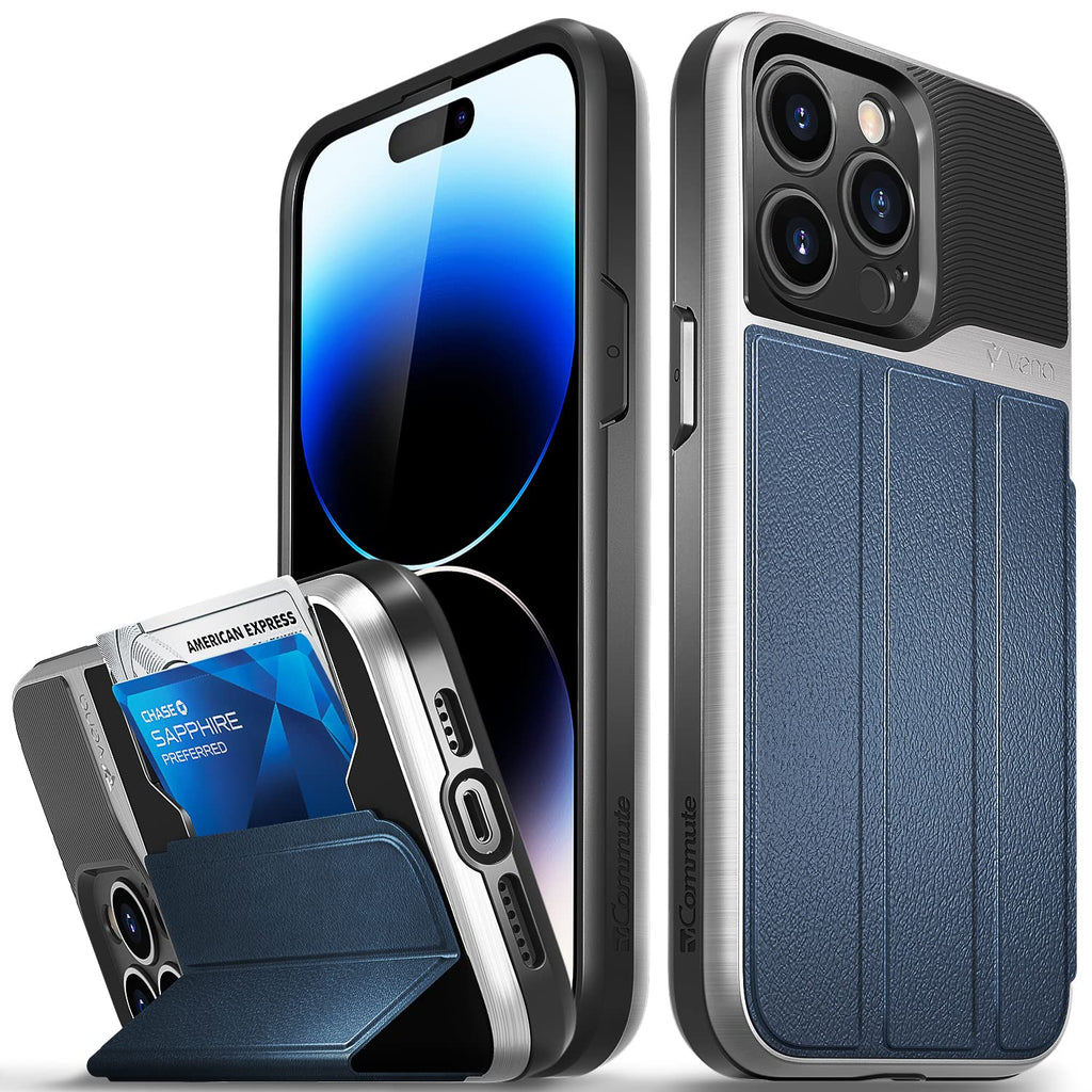  [AUSTRALIA] - Vena vCommute Wallet Case Compatible with Apple iPhone 14 Pro Max (6.7"-inch), (Military Grade Drop Protection) Flip Leather Cover Card Slot Holder with Kickstand - Blue
