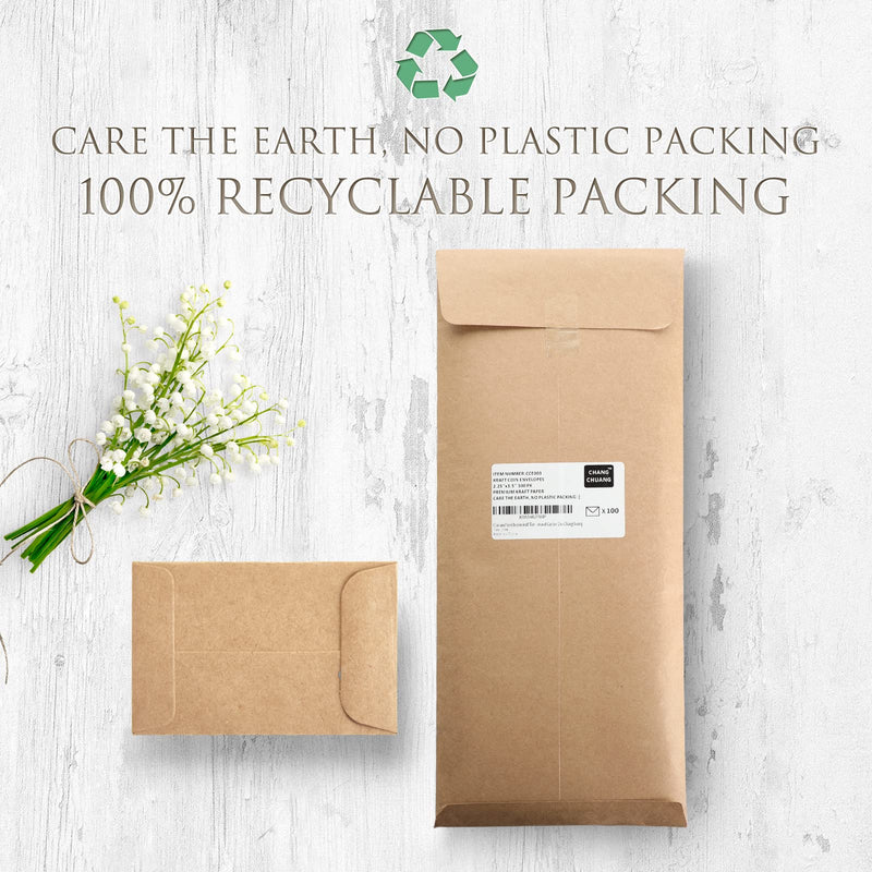  [AUSTRALIA] - Coin and Seed brown kraft Envelopes with Gummed Flap 100pcs 2-1/4 x 3-1/2 Storage for Home and Office and Garden Use Changchuang