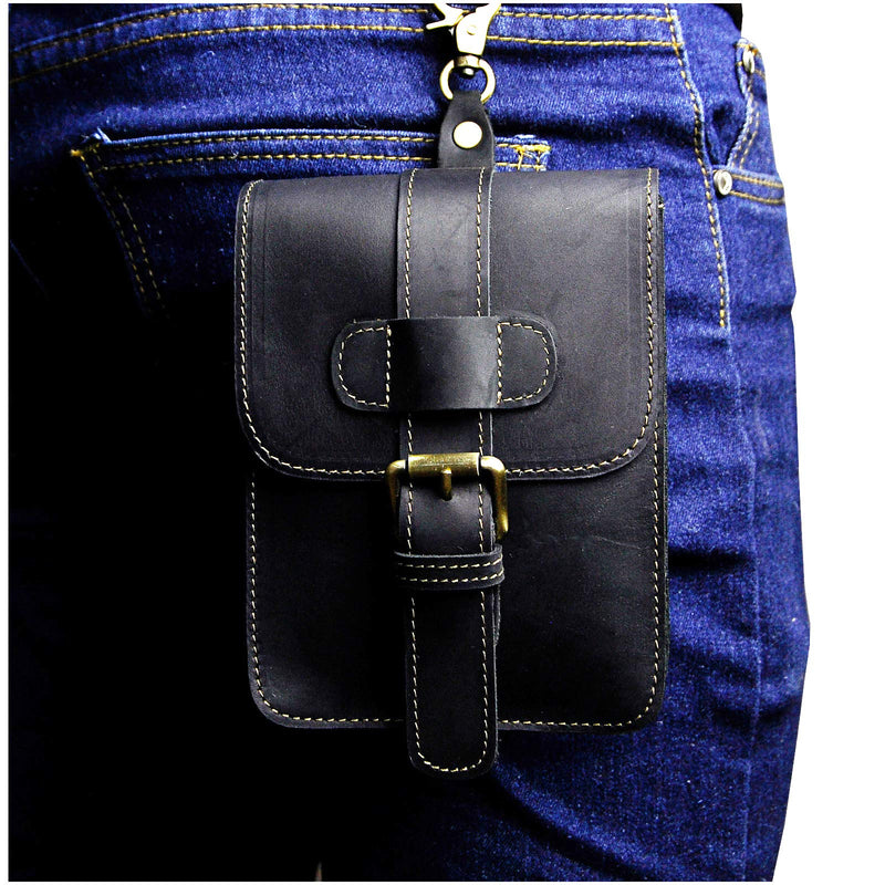 Le'aokuu Mens Genuine Leather Small Hook Fanny Waist Bag Hip Bum Pouch Pack (The Black) 016 The Black - LeoForward Australia