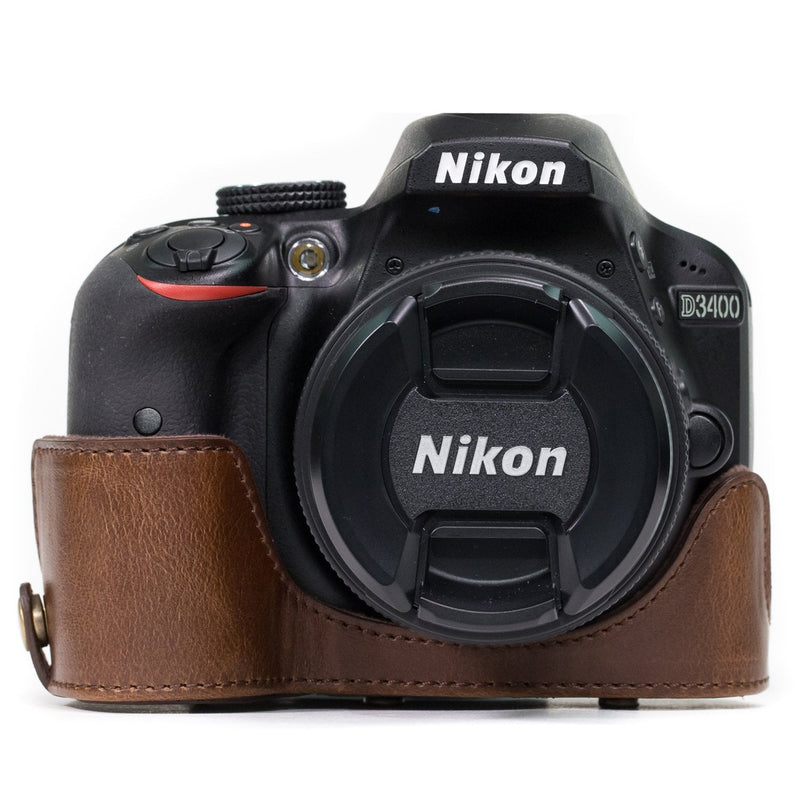  [AUSTRALIA] - MegaGear Ever Ready Leather Camera Case Compatible with Nikon D3400 Dark Brown