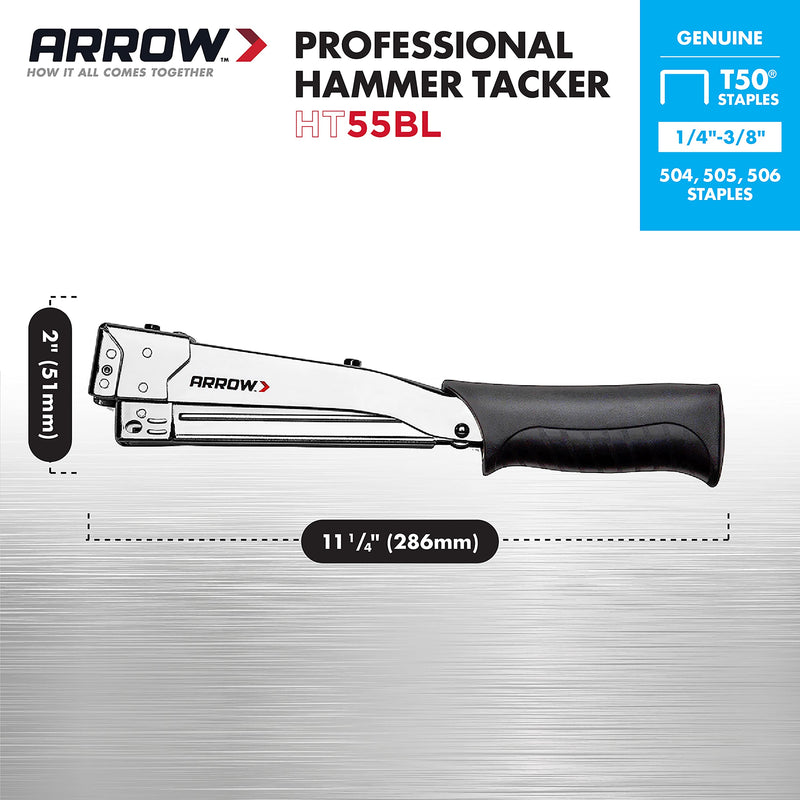  [AUSTRALIA] - Arrow HT55BL Hammer Tacker, Manual Stapler for Construction and Insulation, Ergonomic Grip Handle, Dual-Capacity Rear-Load Magazine, Fits 1/4”, 5/16", or 3/8" Staples