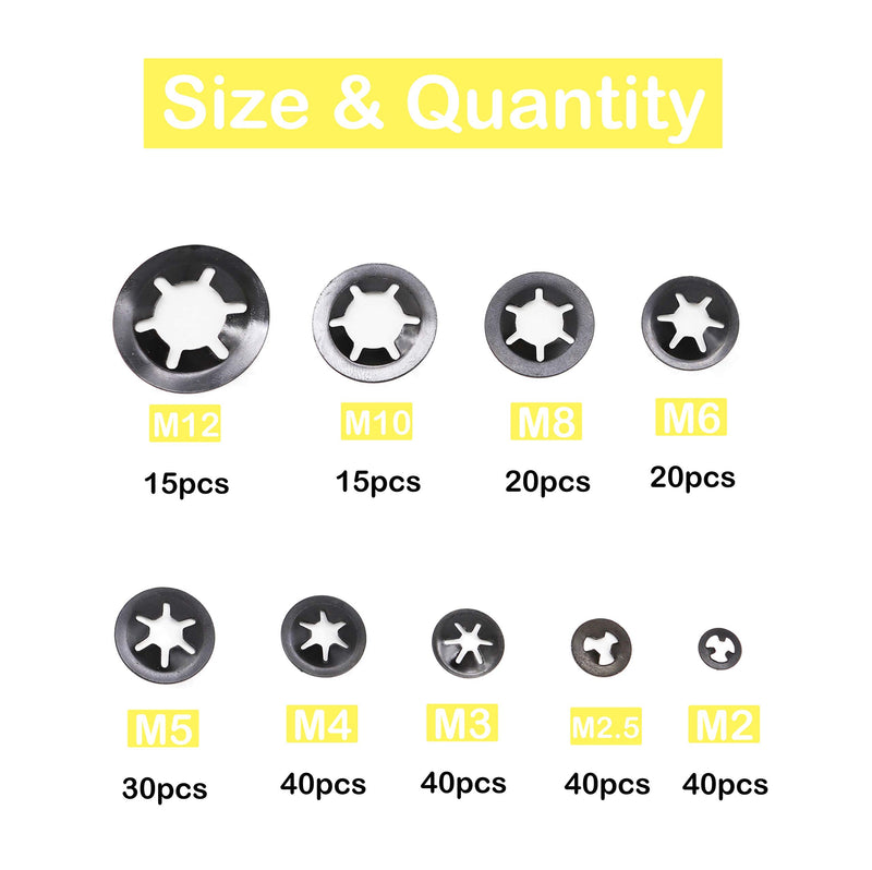  [AUSTRALIA] - 260pcs[9 Sizes] Black Starlock Internal Tooth Lock Washers Assortment Kit, M2/ M2.5/ M3/ M4/ M5/ M6/ M8/ M10/ M12