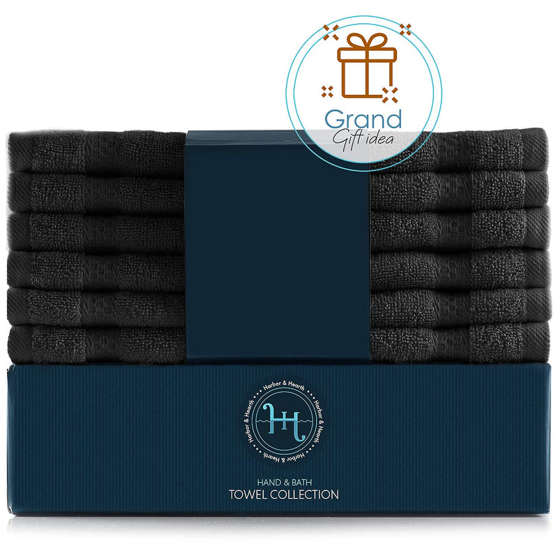  [AUSTRALIA] - Hearth & Harbor 500 GSM Hand & Bath Towel Collection – 100% Cotton Luxury Set of 12 Multipurpose Wash Cloths – 12-Pack of 13”x13” Ultra Soft & Highly Absorbent Washcloths for Face & Body - Black 12 washcloths