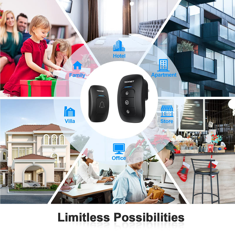  [AUSTRALIA] - TECKNET Wireless Doorbell, Waterproof Door Bell Chime Kit Operating at 1300 Feet Range with 38 Chimes, 4 Volume Levels & LED Flash (Black) WA658 Black