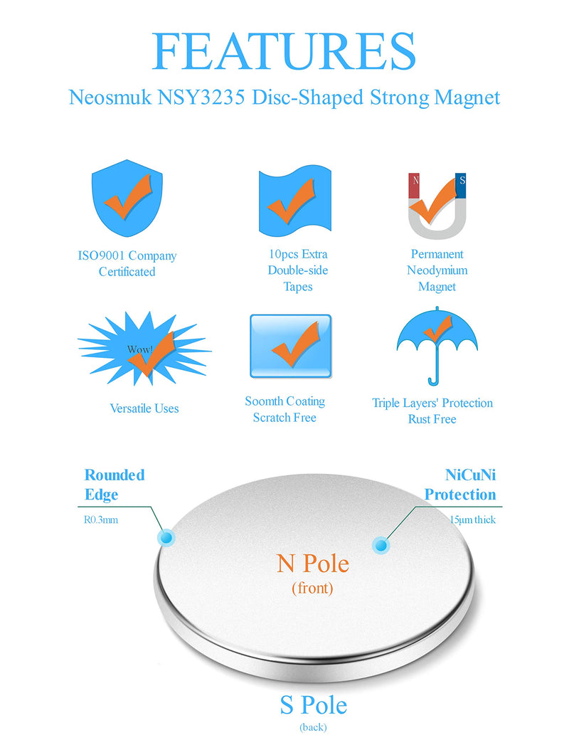 Neosmuk NSY3235 Magnets, 32mm in Diameter Strong Rare Earth Adhesive Neodymium Disc-Shaped Magnet with Round Thin Backing Tape Ideal for Door,Crafts,Fridge,White Board,Home,Kitchen,Office Pack of 10 - LeoForward Australia