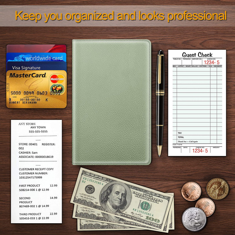  [AUSTRALIA] - Server Book Organizer with Zipper Pocket, Fintie PU Leather Restaurant Guest Check Presenters Card Holder for Waitress, Waiter, Bartender (Sage Green) * Sage Green