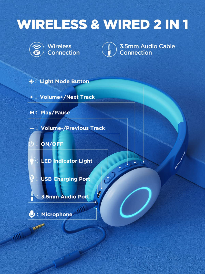  [AUSTRALIA] - 2021 Kids Wireless Headphones with 7 Colorful LED Lights, BIGGERFIVE Soft Stretchable Foldable Wired On Ear Headset, 50H Playtime, Mic, 85dB/94dB Volume Limited for School PC/Tablet/TV Boys Girls Blue