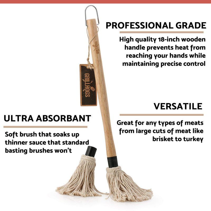  [AUSTRALIA] - GRILLHOGS BBQ Basting Mop with Wooden Handle, Perfect for Barbecue Grilling, Spreading & Glazing Evenly, 18 Inch, Includes 2 Bonus Mop Head Replacement, Perfect Stocking Stuffer