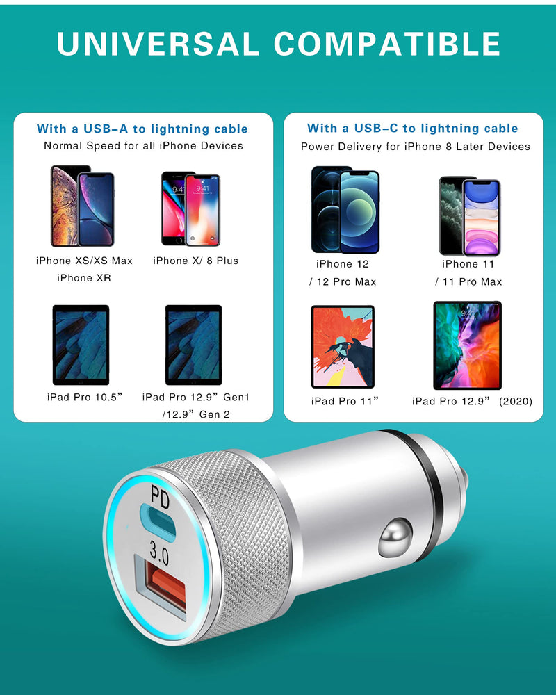 LUOSIKE 20W USB C Fast Car Charger for iPhone 12 / Pro Max/Mini, 11 /XS/XR/X /8 (Dual Port Power Delivery PD Car Adapter with MFi Certified USB C to Lightning Cable 3FT) - LeoForward Australia