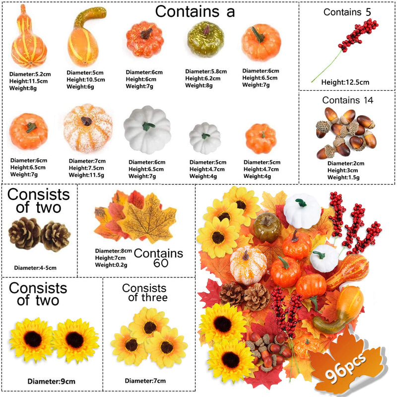  [AUSTRALIA] - 96Pcs Halloween Artificial Pumpkin and Gourd Maple Leaf Sunflower Red Fruit Pine Cone Acorn Harvest Mixed Small Fake Pumpkin Thanksgiving Halloween Party Decoration