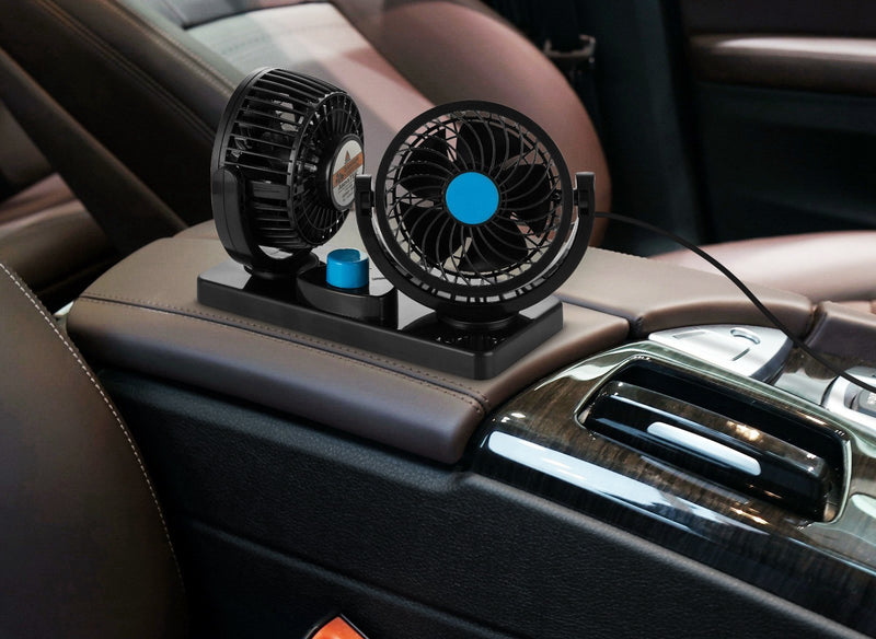 FiveJoy 360 Degree Rotatable Car Fan - 12V DC Electric 2 Speed Dual Head Fans, Quiet Strong Dashboard Cooling Air Circulator Fan for Sedan SUV RV Boat Auto Vehicles Golf or Home - LeoForward Australia