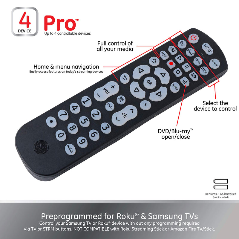 GE Backlit Universal Remote Control for Samsung, Vizio, LG, Sony, Sharp, Roku, Apple TV, TCL, Panasonic, Smart TV, Streaming Players, Blu-Ray, DVD, 4-Device, Black, 40081 4-Device Backlit - LeoForward Australia