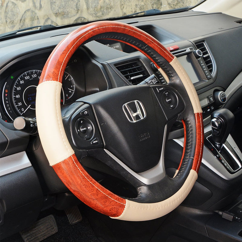 ZYHW Car Steering Wheel Cover Universal 15 Inch Middle Size Auto Anti-Slip Leather Wheel Protector with Wood Grain Design Beige Style B - LeoForward Australia