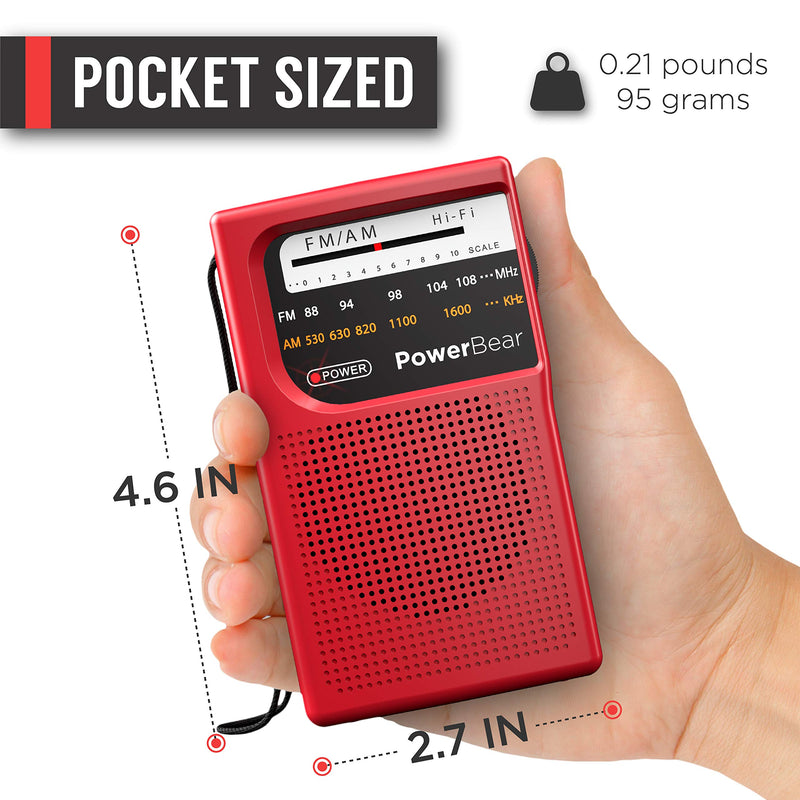  [AUSTRALIA] - PowerBear Portable Radio | AM/FM, 2AA Battery Operated with Long Range Reception for Indoor, Outdoor & Emergency Use | Radio with Speaker & Headphone Jack (Red) Red