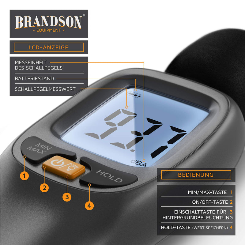  [AUSTRALIA] - Brandson - digital sound level meter - volume meter - sound level meter - digital sound meter - pre-calibrated - 35 dB(A) to 130 dB(A) - wind protection - LCD display
