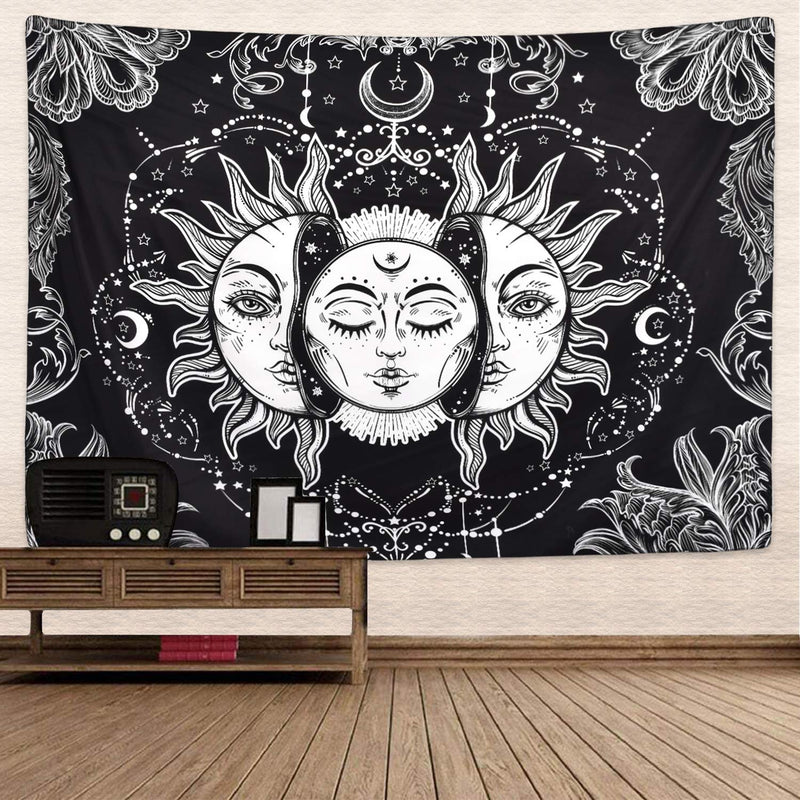  [AUSTRALIA] - Sun and Moon Tapestry Black and White Burning Sun with Stars Tapestry Psychedelic Tapestry Indian Tapestry for Room 51.2" x 59.1"