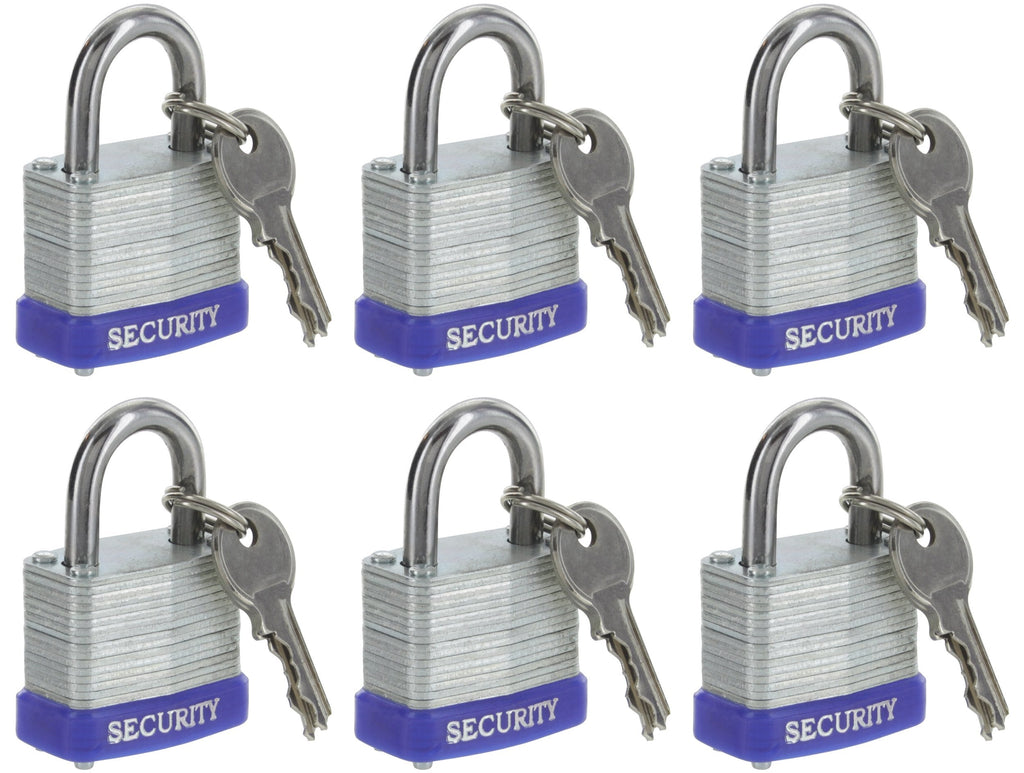  [AUSTRALIA] - Pack of 6, Small Laminated Solid Steel Padlocks Hardened Shackle, Heavy Duty Lock with Shackle, Wide Body Laminated Steel Pin Tumbler Keys Included Outdoor Security Lock