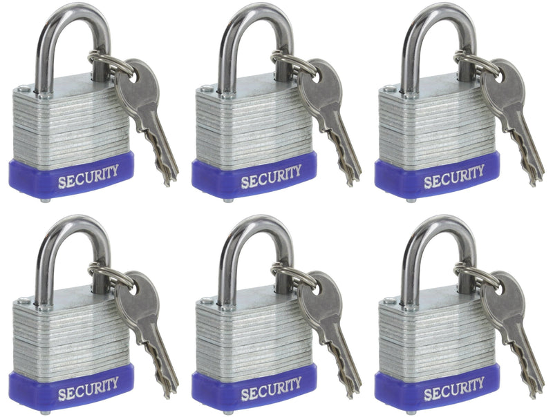  [AUSTRALIA] - Pack of 6, Small Laminated Solid Steel Padlocks Hardened Shackle, Heavy Duty Lock with Shackle, Wide Body Laminated Steel Pin Tumbler Keys Included Outdoor Security Lock