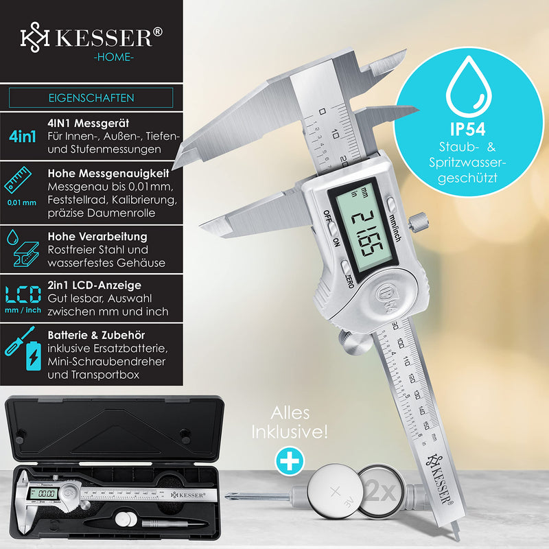  [AUSTRALIA] - KESSER® Digital Vernier Caliper Stainless Steel 150mm LCD Display Including Storage Box Replacement Battery Caliper Measuring Gauge for Indoor and Outdoor Finest Distances and Diameters IP54 Splashproof Silver