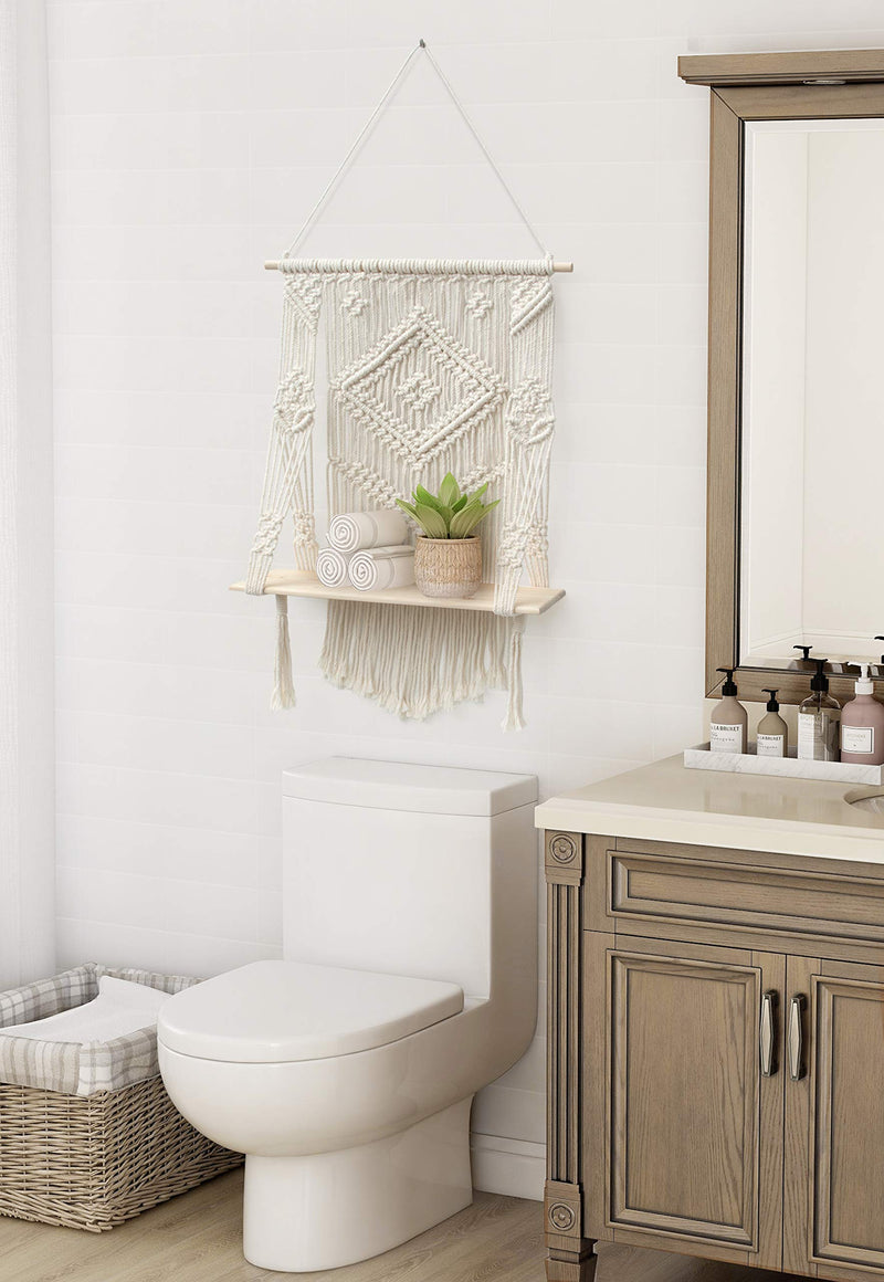  [AUSTRALIA] - Afuly Macrame Wall Hanging Shelf, Boho Floating Shelf, Handcraft Bohemian Decor, Cute 1 Tier Cotton Rope Shelf for Bathroom Bedroom Window