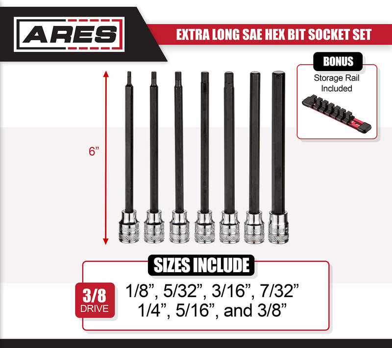  [AUSTRALIA] - ARES 39006 - Extra Long SAE Hex Bit Socket Set - S2 Bit Provides Greater Torque - Convenient Storage Rail Included - Heat Treated Chrome Vanadium Steel Sockets Extra Long SAE Hex Bit Socket Set with Rail