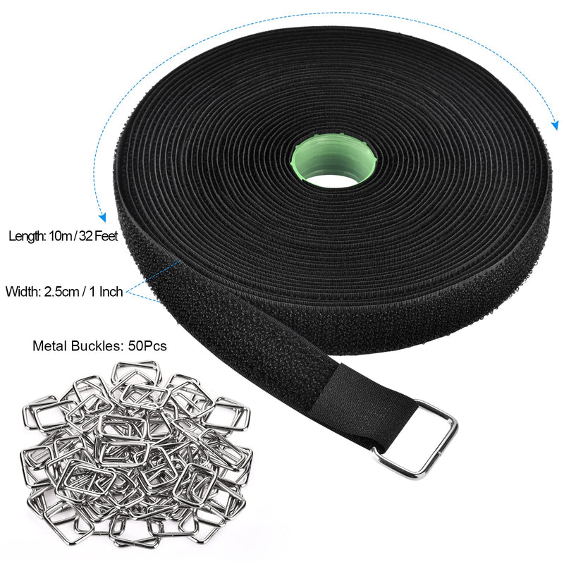  [AUSTRALIA] - 1 Inch x 32 Feet Hook and Loop Straps with 50 Metal Buckles, Adjustable Fastening Cable Straps, Reusable Nylon Cut-to-Length Cinch Straps, Cable Ties Securing Strap for Wire Management, Cord Organizer 1 Inch x 32 Feet