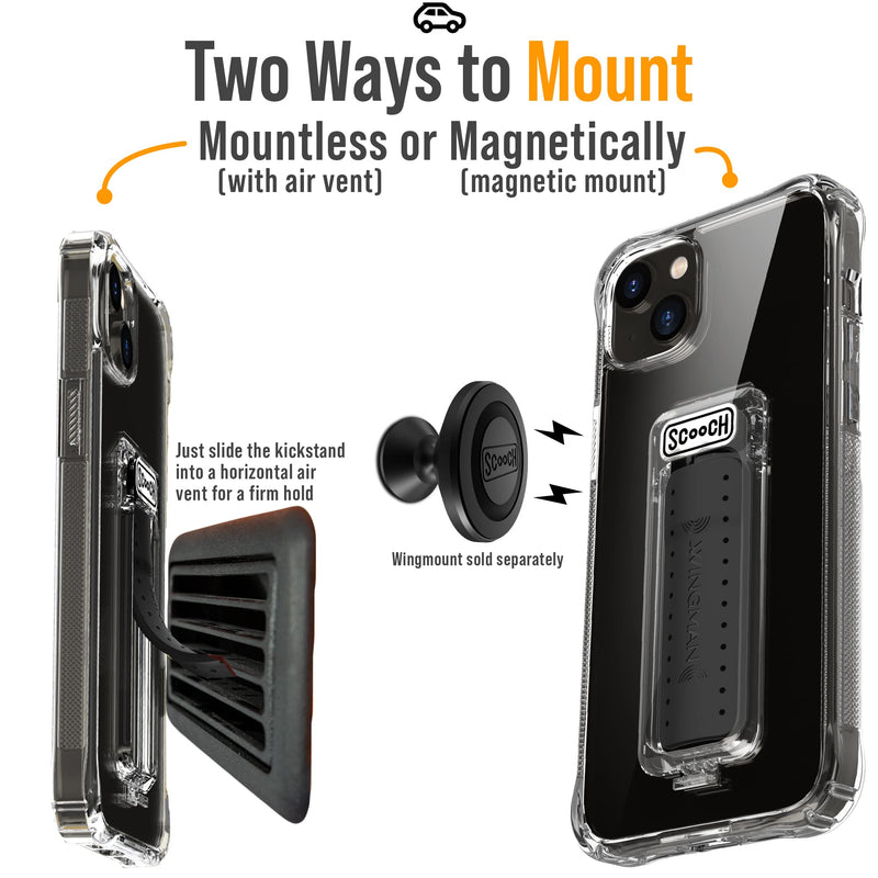  [AUSTRALIA] - Scooch iPhone 14 Plus Case with Stand, Phone Grip, and Car Vent Mount [Wingman] with $100 Device Coverage, Military Grade Drop Protection, Three-Way Kickstand, Works w/Magnetic Car Mounts (Clear) Clear