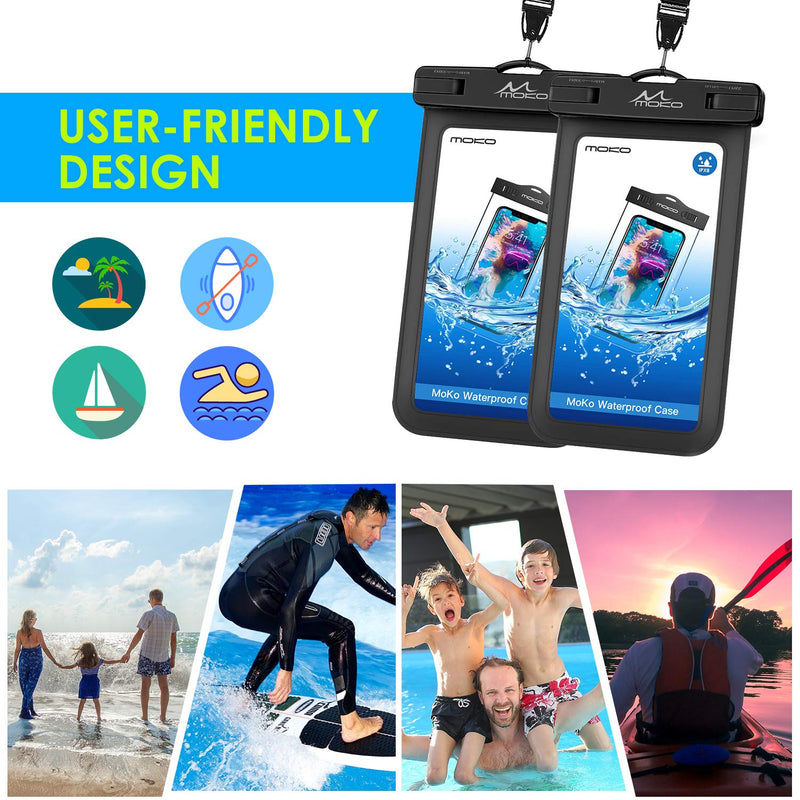  [AUSTRALIA] - MoKo Waterproof Phone Pouch Holder [2 Pack], Underwater Phone Case Dry Bag with Lanyard Compatible with iPhone 13/13 Pro Max/iPhone 12/12 Pro Max/11 Pro Max, X/Xr/Xs Max, Samsung S21/S10/S9/S8 Plus Black+Black