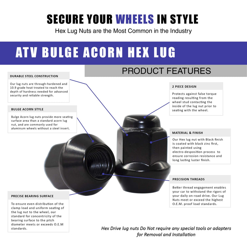 Wheel Accessories Parts Install Kit - ATV & UTV - Bulge Acorn (M17 Hex) - M10 1.25 (4 Lug)(Blk) Black M10x1.25 - LeoForward Australia