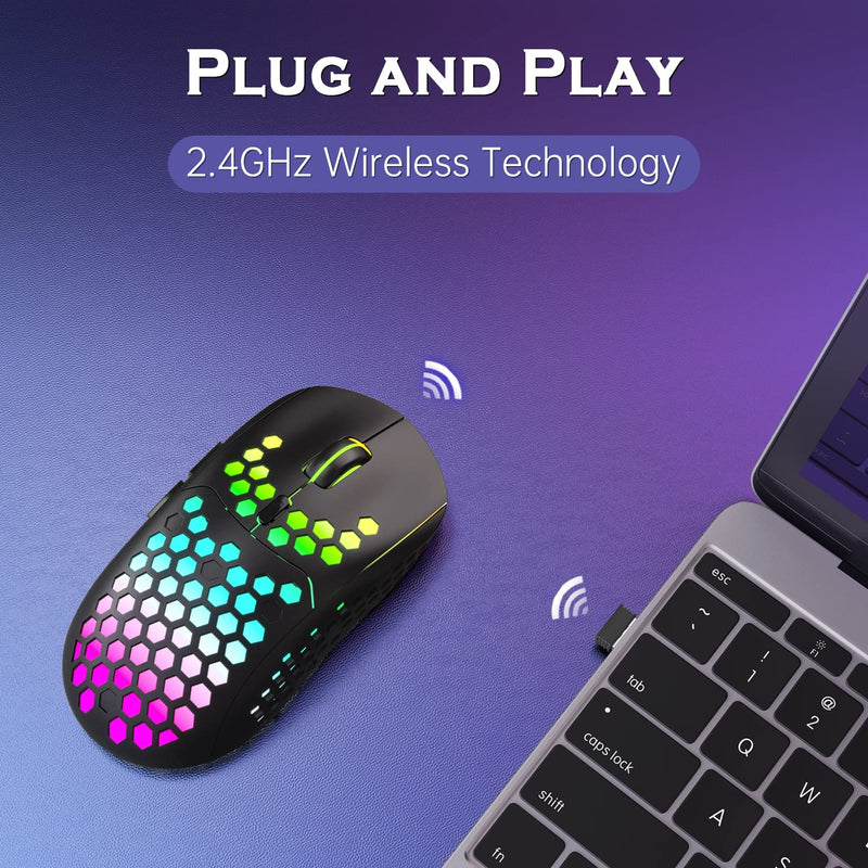  [AUSTRALIA] - Lightweight Wireless Gaming Mouse, UHURU WM-08 Rechargeable Computer Mouse with Honeycomb Shell, 11 Led Light Modes, 4 Adjustable DPI, 2.4G USB Receiver, Ergonomic RGB Gamer Mice for Laptop PC Mac