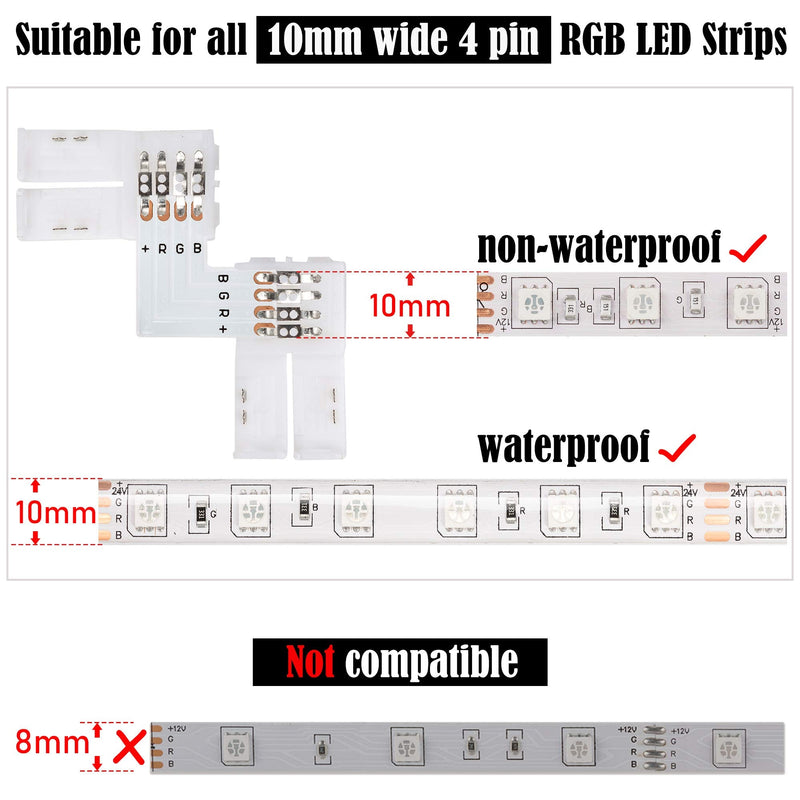  [AUSTRALIA] - L Shape 4-Pin LED Connectors 10-Pack JACKYLED 10mm Wide Right Angle Corner Connectors Solderless Adapter Connector Terminal Extension with 22Pcs Clips for 3528/5050 SMD RGB 4 Conductor LED Light Strips