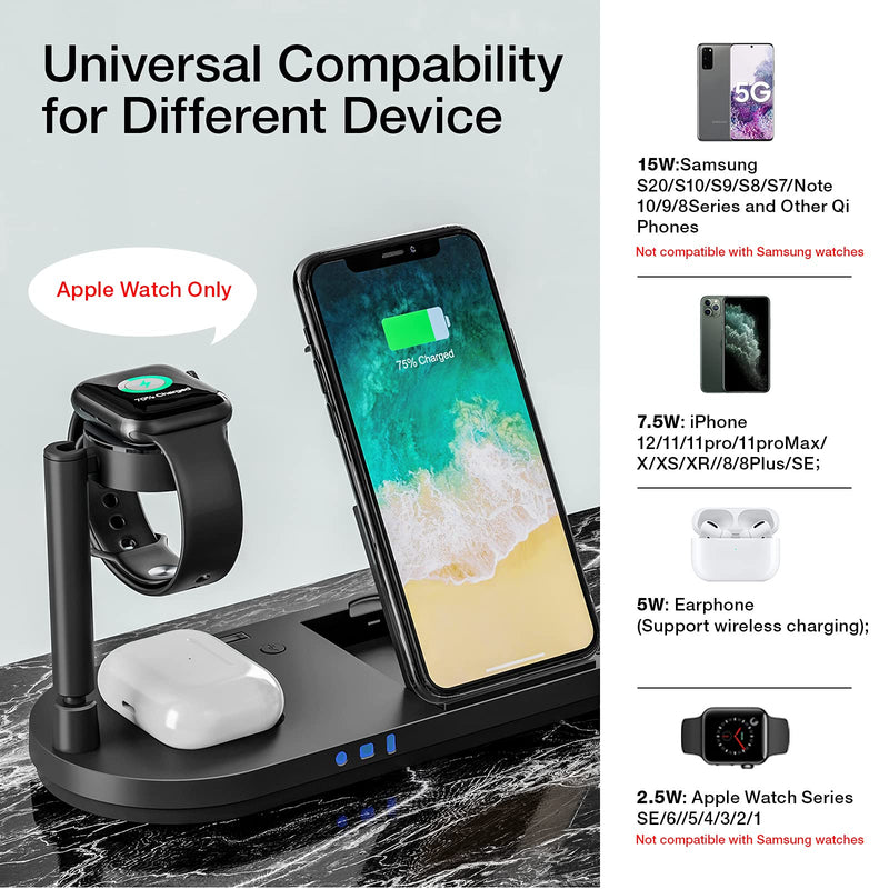 Upgraded Wireless Charging Station, 4 in 1 Qi-Certified 15W Fast Charging Dock with Bedside Lamp, Compatible for iPhone 12/11 Series, AirPods, Apple Watch Series SE/6/5/4/3/2/1 (Black) Black - LeoForward Australia