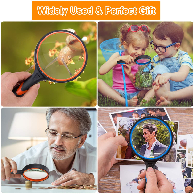  [AUSTRALIA] - 2PCS Upgrade Large Magnifying Glasses, 4X Handheld Reading Magnifier Magnafying. Glass for Kids/Seniors, 3 Inch Shatterproof Lupa Magnify Glass Lens, Rubber Handle of Perforating Design - Observation