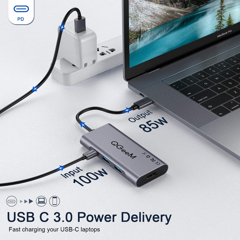 USB C Hub HDMI Adapter,QGeeM 7 in 1 Type C Hub to HDMI 4k,3 USB 3.0 Ports,100W Power Delivery,SD/TF Card Readers Compatible with MacBook Pro 13/15(Thunderbolt 3),2018 Mac Air,Chromebook USB C Adapter Grey - LeoForward Australia