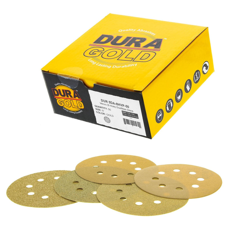  [AUSTRALIA] - Dura-Gold Premium - Variety Pack - 5" Gold Sanding Discs - 8-Hole Dustless Hook and Loop - 10 Each of Grit (60, 80, 120, 220, 320) - Box of 50 Sandpaper Finishing Discs for Woodworking or Automotive Variety Pack - 50 Discs