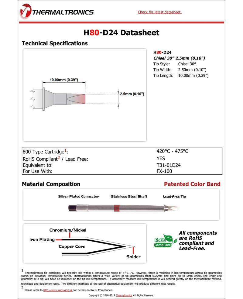  [AUSTRALIA] - Thermaltronics H80-D24 Chisel 30deg 2.5mm (0.10in) interchangeable for Hakko T31-01D24