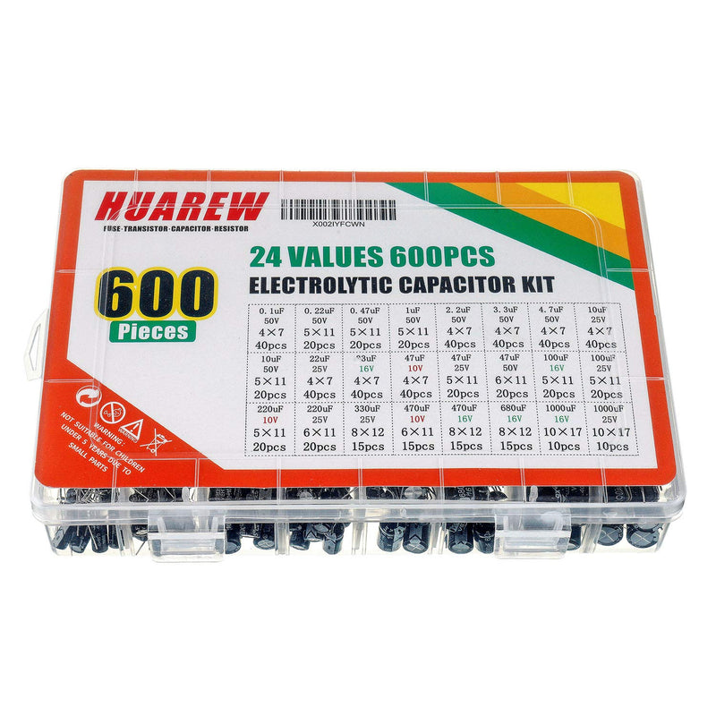  [AUSTRALIA] - HUAREW 24 Values 600pcs 0.1uF to 1000uF MFD 10 16 25 50V Volt Aluminum Electrolytic Capacitor Classification Kit
