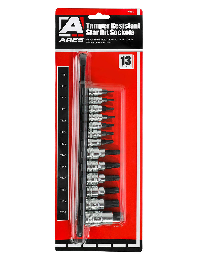  [AUSTRALIA] - ARES 70103-13-Piece Security Torx Bit Socket Set - 1/4-Inch, 3/8-Inch, and 1/2-Inch Drive - Sizes Range from T8-T60 13-Piece Tamper Proof Torx Bit Socket Set