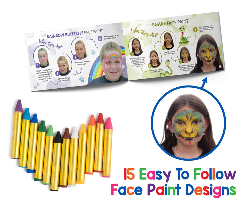 Dress-Up-America Face Paint Crayons - With Artbook & Easy To Follow Facepainting Designs -Safe Non-Toxic Face And Body Paint Made in Taiwan - Halloween Makeup Face Painting Kit for Kids & Adults 12 piece set - LeoForward Australia